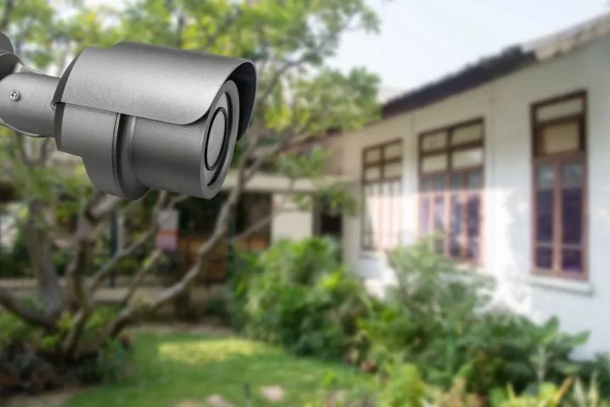 A close up of a camera on the side of a house